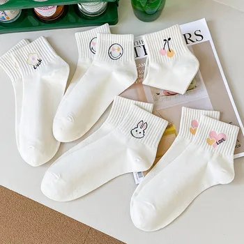 Летние тонкие белые женские носки, модные универсальные однотонные носки в академическом стиле, хлопковые короткие носки с милыми героями мультфильмов для женщин
