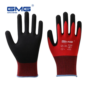12 пар Строительных перчаток GMG, Красная полиэфирная оболочка, Черное Нитриловое песчаное покрытие, Рабочие защитные перчатки, Мужские рабочие перчатки