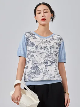 Birdsky, 1 шт., женская футболка, пуловер, топ для офиса, женский короткий рукав, комбинация с пейзажным принтом, 100% шелк тутового цвета, S-527