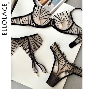 Ellolace, Модное женское белье, Прозрачные кружевные Подвязки с вышивкой, Сексуальное нижнее белье из 3 предметов, Прозрачный бюстгальтер, Интимные комплекты Bilizna Set