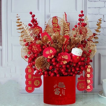 Тканевая бумажная ваза-футонг, красный счастливый фруктовый имитационный цветочный набор, новогоднее свадебное украшение для дома, украшения для гостиной, искусство