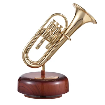 Музыкальная шкатулка для трубы, Классическая заводная музыкальная шкатулка с вращающимся основанием, Латунный духовой инструмент, миниатюрный художественный подарок
