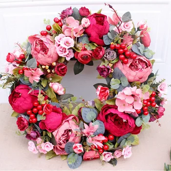 Декоративный Дверной венок,Шелковый цветок, Венок из цветов в виде головы пиона, 40 см, Гирлянда ручной работы для осенне-зимнего показа на открытом воздухе, красный