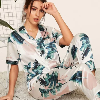 Женская одежда для сна из атласного шелка, комплект из 2 предметов, рубашка с длинным рукавом и пуговицами, брюки, пижамный комплект с цветочным принтом