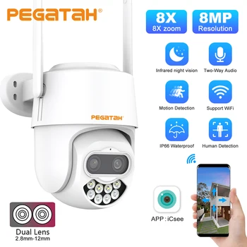 PEGATAH 8MP 4K Двухобъективная Wifi PTZ IP-камера с 8-Кратным Гибридным Зумом Открытый Искусственный Интеллект Обнаружение Человека Аудио CCTV Камера Видеонаблюдения